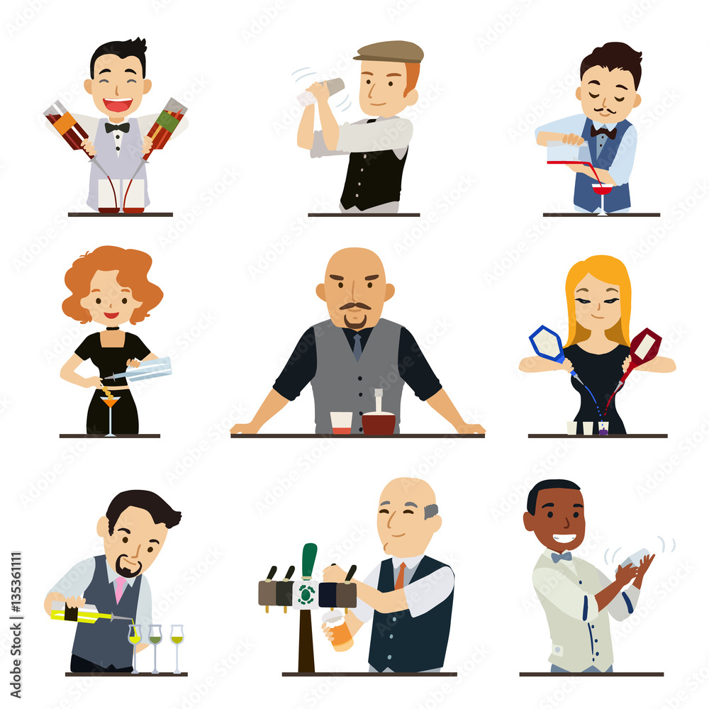 Set of cartoon characters bartender isolated on white background. Vector  illustration Stock Vector | Adobe Stock
