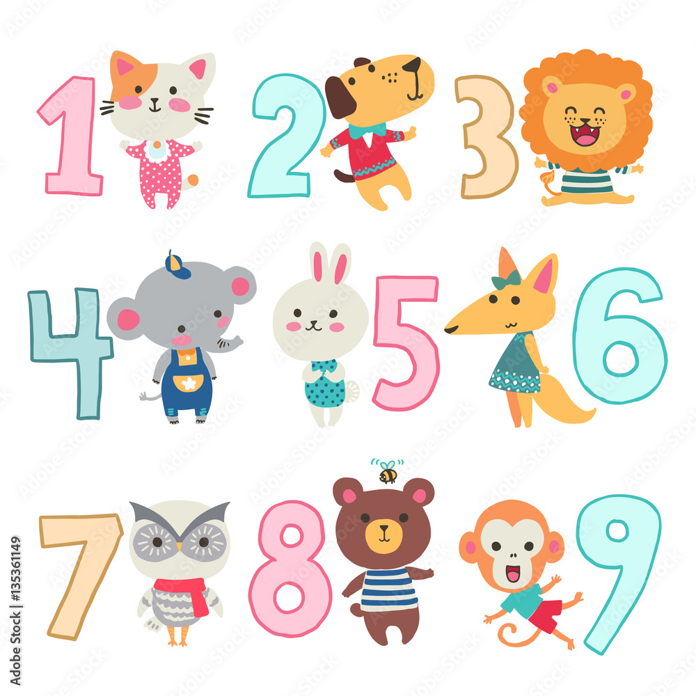 Birthday anniversary numbers with funny animals character for card kids, party, invitation. Vector illustration. Birthday anniversary numbers with funny animals character for card kids, party, invitation. Vector illustration.