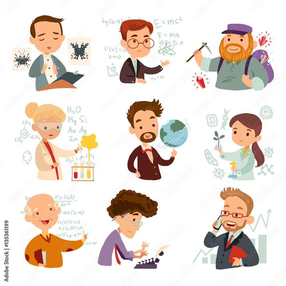 Set of cartoon characters scientists isolated on white background. Vector illustration of a mathematician, physicist, chemist, economist, geologist, biologist, writer and geographer.