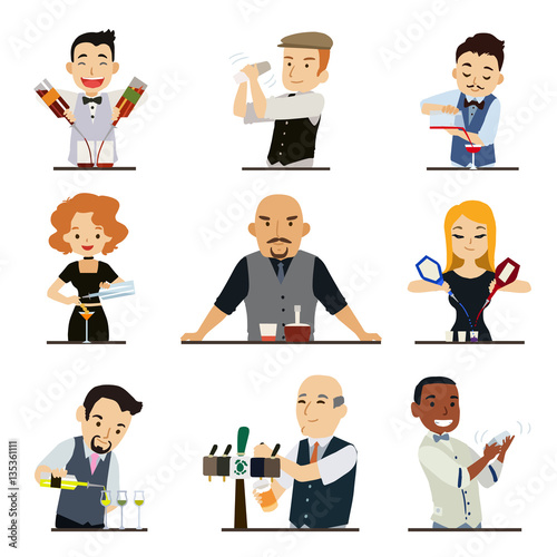 Set of cartoon characters bartender isolated on white background. Vector illustration