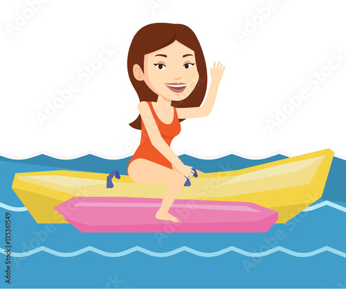 Tourists riding a banana boat vector illustration.