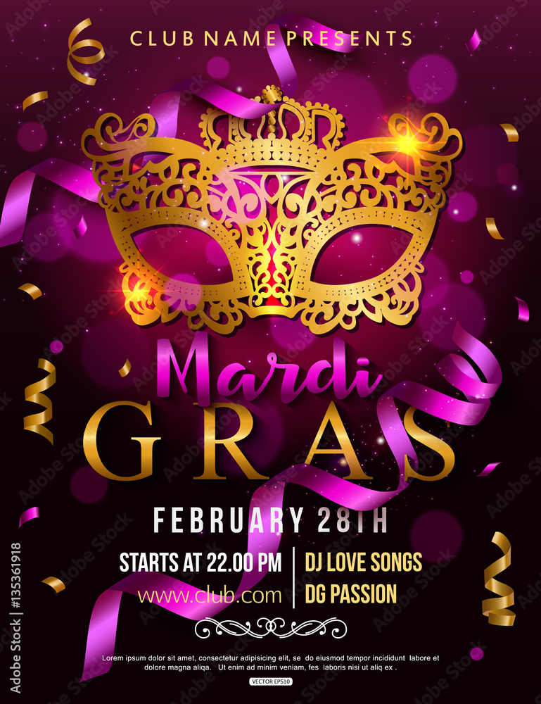 Mardi Gras party flyer design with carnival mask. Vector illustration.