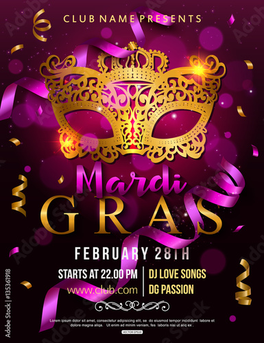Mardi Gras party flyer design with carnival mask. Vector illustration.