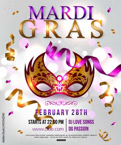 Mardi Gras party flyer design with festival mask. Vector illustration.