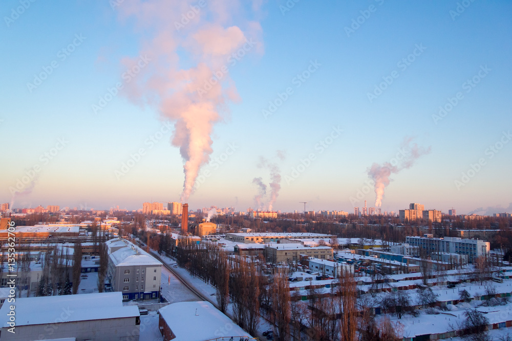 Evening winter cityscape view of industrial area in Voronezh.  