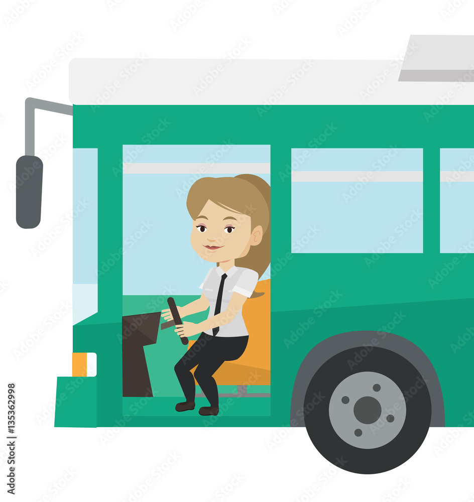 Caucasian bus driver sitting at steering wheel. Caucasian bus driver sitting at steering wheel.