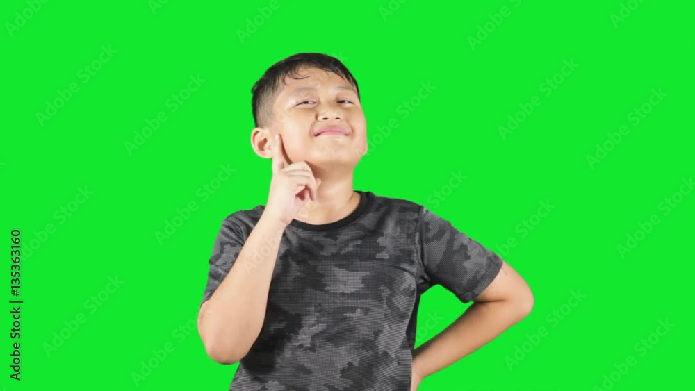 Cute boy standing in the studio while thinking idea and looks get an idea, shot with green background Cute boy standing in the studio while thinking idea and looks get an idea, shot with green background