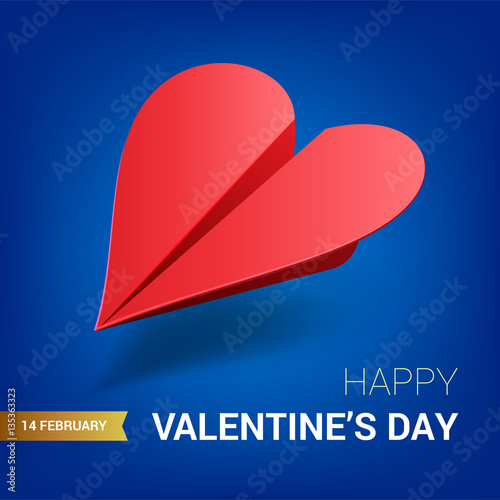 Valentines day illustration. Red paper plane shaped of heart.