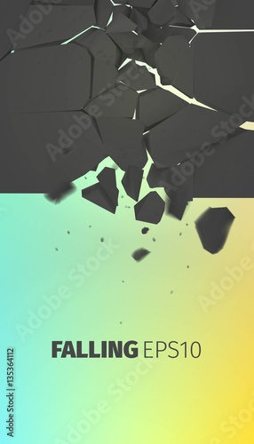 Falling stones vector banner. Cracked black rock explode