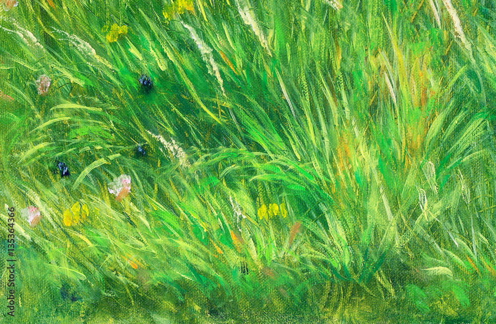 Obraz premium wild meadow grass structure in bright green tones, painting detail.