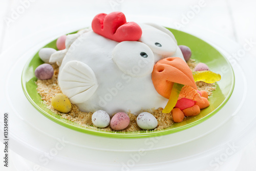 Easter chicken cake decorated fondant and chocolate candy eggs