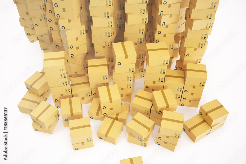 Warehouse or delivery concept background. Heap of cardboard delivery boxes or parcels. 3d rendering
