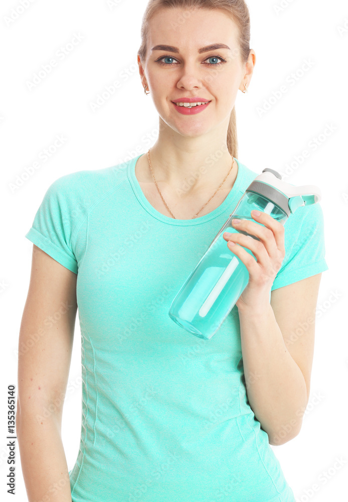 Smile fitness woman holding a jar of water sports. Isolated on white. Smile fitness woman holding a jar of water sports. Isolated on white.