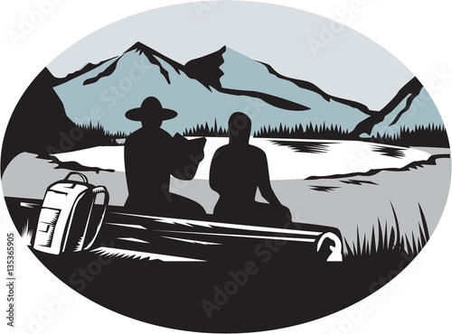 Two Trampers Sitting on Log Lake Mountain Oval Woodcut