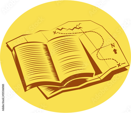 Open Book Trail Map Oval Woodcut