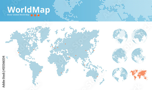 Vector dotted world map. Business world map with marked economic centers and earth globes. Illustration template for web design, annual reports, infographics, business presentations, printed material. photo