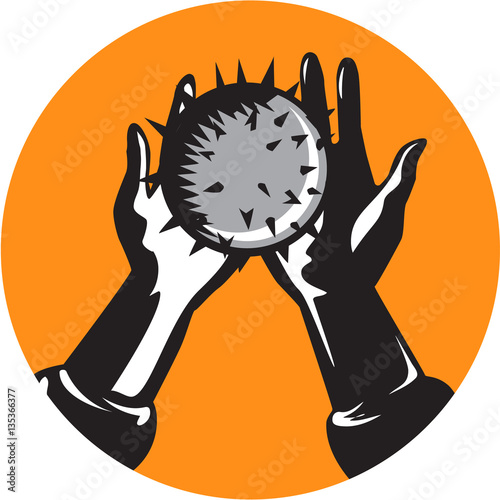 Hand Holding Ball with Spikes Circle Woodcut