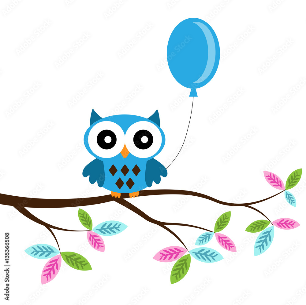 Fototapeta premium Owl boy on a branch with air balloon