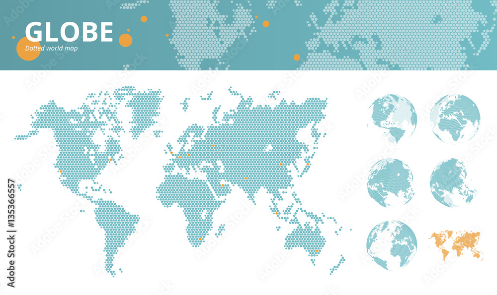 Business dotted world map with marked economic centers and earth globes ...