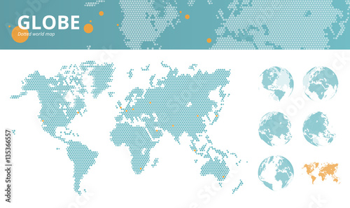 Business dotted world map with marked economic centers and earth globes. Vector illustration template for website design, annual reports, infographics, business presentations, printed material.