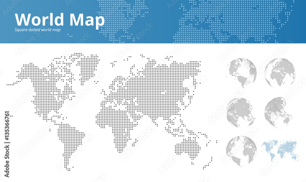 Square dotted world map and earth globes showing all continents. Vector ...