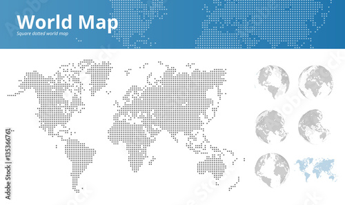 Square dotted world map and earth globes showing all continents. Vector illustration template for web design, annual reports, infographics, business presentations, printed material, travel and tourism