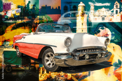 Collage of cuban landmarks and typical scenes with a classic car © kmiragaya