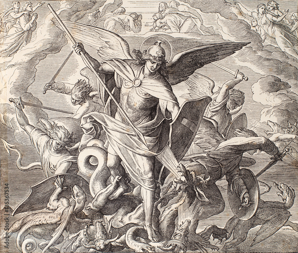 Obraz premium Archangel Michael fighting with dragon, engraving of Nazareene School, published in The Holy Bible, St.Vojtech Publishing, Trnava, Slovakia, 1937.