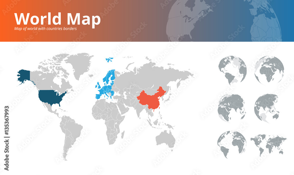 Naklejka premium World map with countries borders and earth globes showing all continents. Vector illustration template for website design, annual reports, infographics, business presentations, printed material.