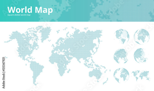 Square dotted world map with earth globes. Vector illustration template for website design, annual reports, infographics, business presentations, printed material, travel and tourism, background.