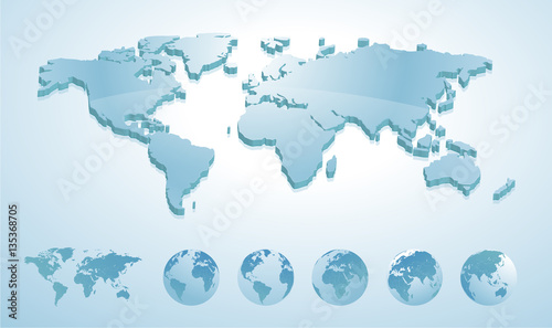 3d world map illustration with earth globes showing all continents. Vector illustration template for website design, annual reports, infographics, business and travel presentations, printed material.