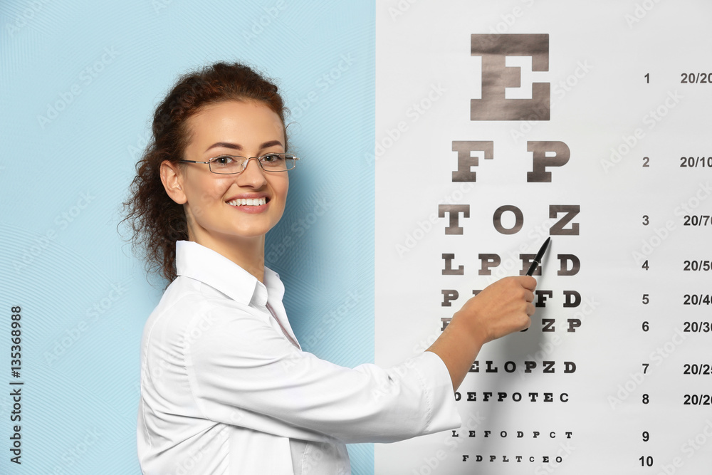 Young female doctor near eyesight test chart in clinic Young female doctor near eyesight test chart in clinic