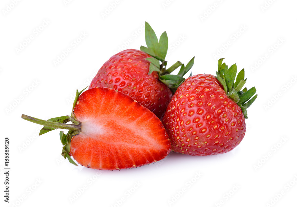 whole and half cut fresh strawberry on white background whole and half cut fresh strawberry on white background