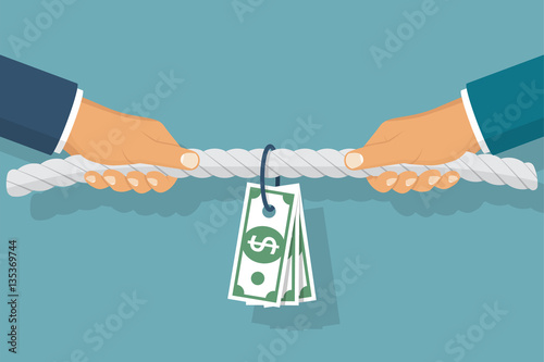 Concept of business market competition. Businessmen pull the rope as a symbol of rivalry, conflict. Fight for money and profit. Tug of war. Vector illustration, flat design. Corporate conflicts.