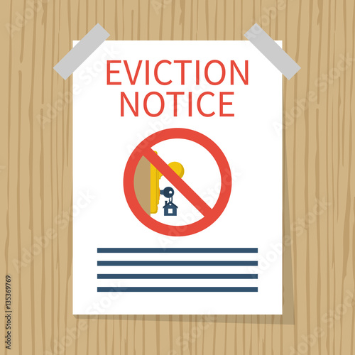 Eviction notice, white sheet on wall. Stop sign at the entrance. Key in keyhole on door prohibited. Do not open the door. Form vector illustration flat design. Isolated background.