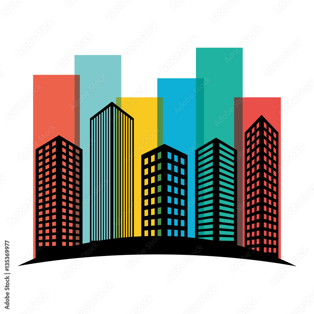 Colorful buildings and city scene line sticker, vector illustration