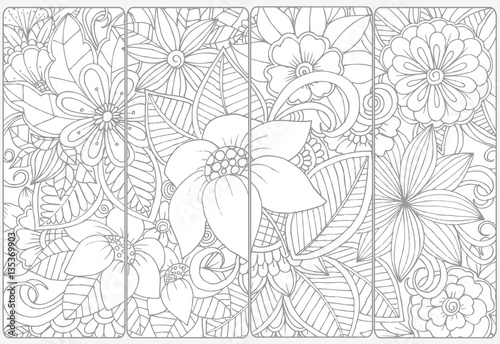 Doodle flowers for coloring.Vector set of monochrome bookmarks .