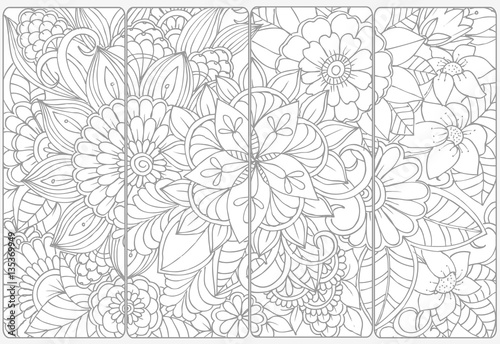 Doodle flowers for coloring.Vector set of monochrome bookmarks .