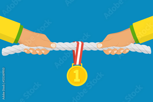 Sport competitions. Two athletes pull the rope, prize for winning first place and gold medal with ribbon. Vector illustration flat design. Isolated on background. Persistent struggle. Championship