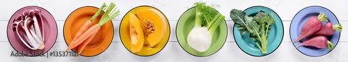 Panel kuchenny z motywem Colorful vegetables collection on white wooden background, top view, flat lay.