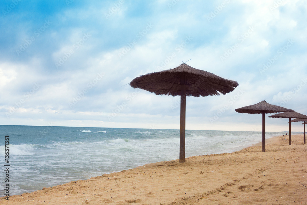 sea coast with thatched umbrellas