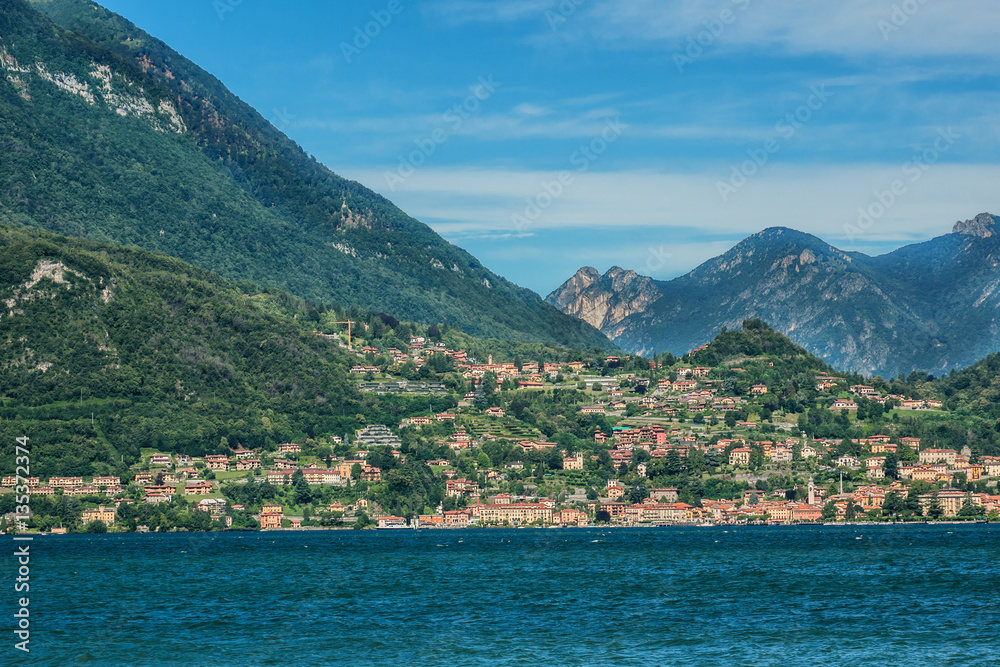 View of the Menaggio city from the Lake Como, Italy.