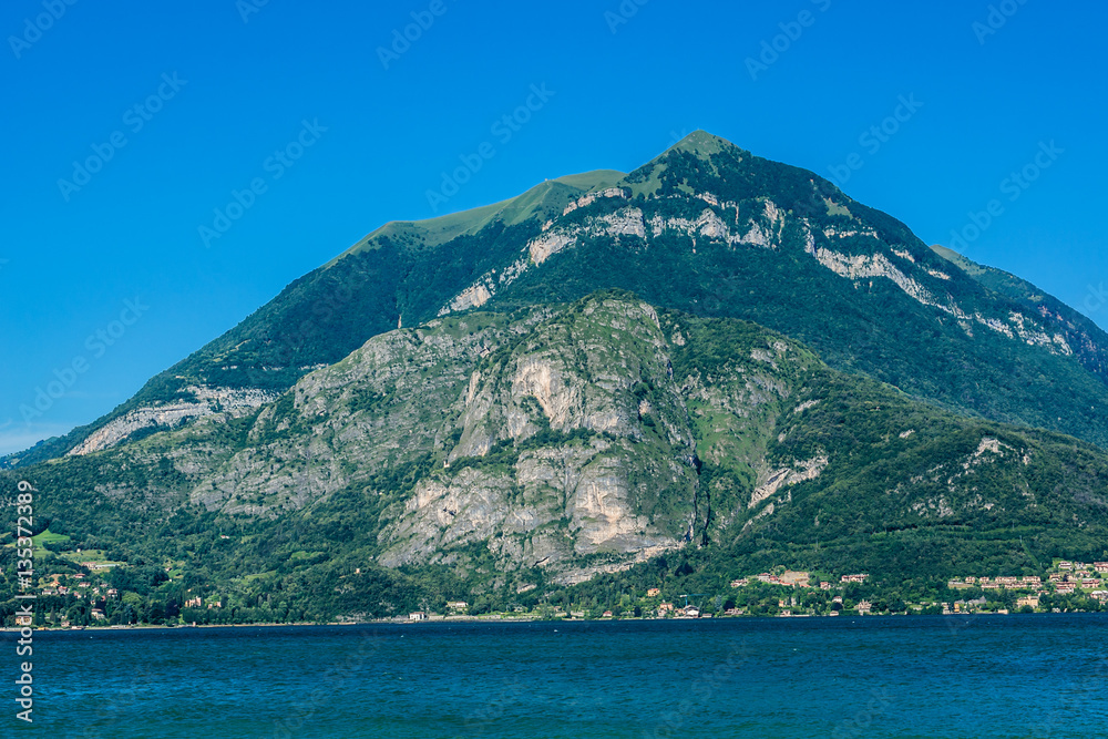 View of the Menaggio city from the Lake Como, Italy.