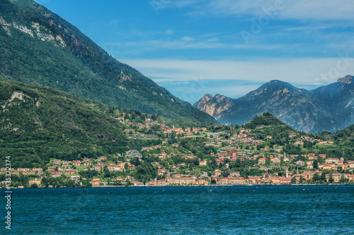 View of the Menaggio city from the Lake Como, Italy.