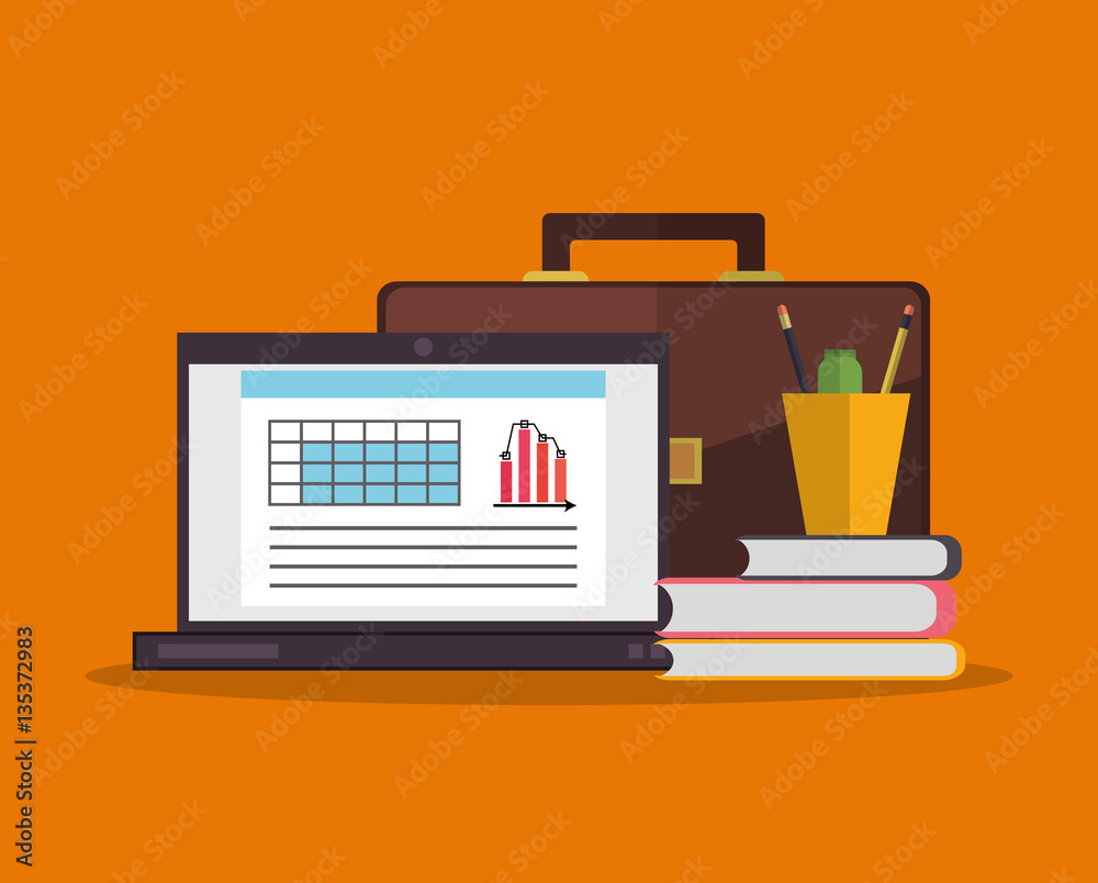 laptop computer, briefcase and stack of books over orange background. office workplace concept. .colorful design. vector illustration