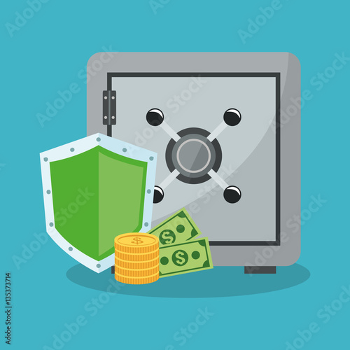 safe box with money items and shield icon over blue background. colorful design. vector illustration