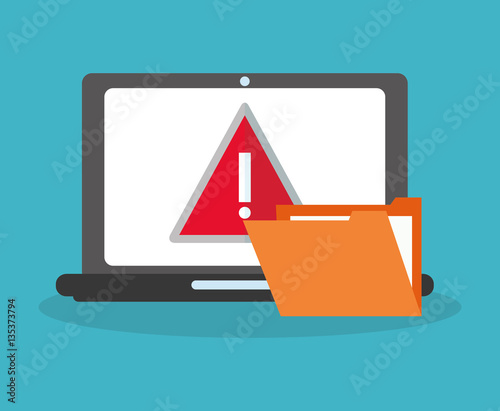 laptop computer with warning sign on screen and file documents over blue background. colorful design. vector illustration
