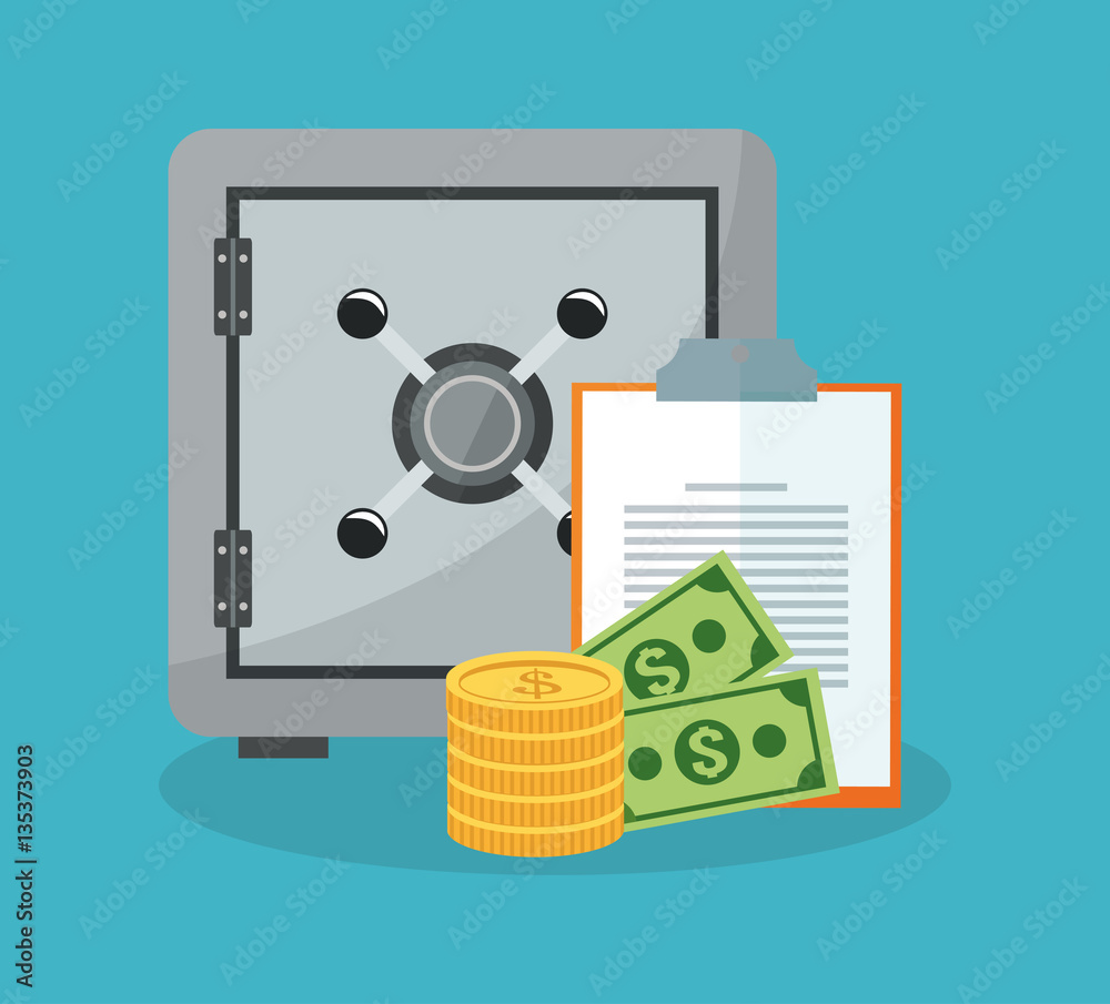 safe box with money items and document pages icon over blue background. colorful design. vector illustration - obrazy, fototapety, plakaty 