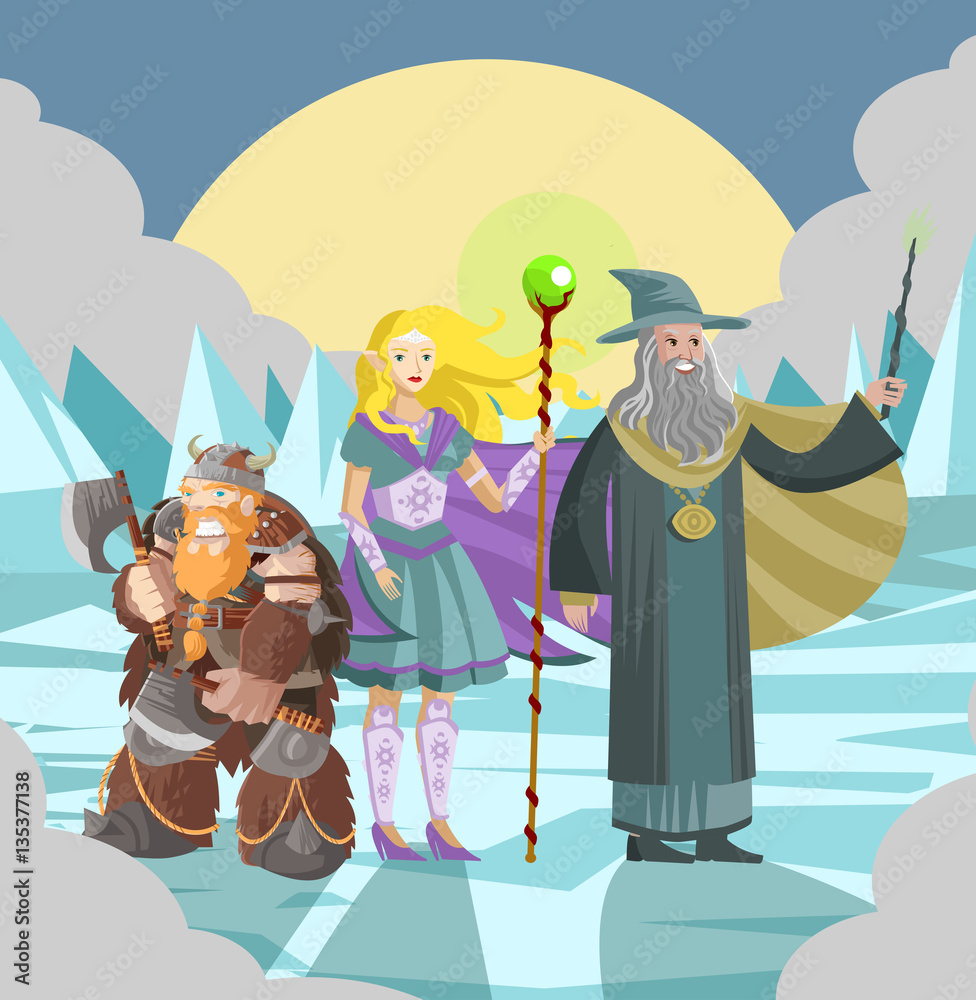 Naklejka premium fantasy role party team magic wizard elf and small barbarian viking together in ice lands