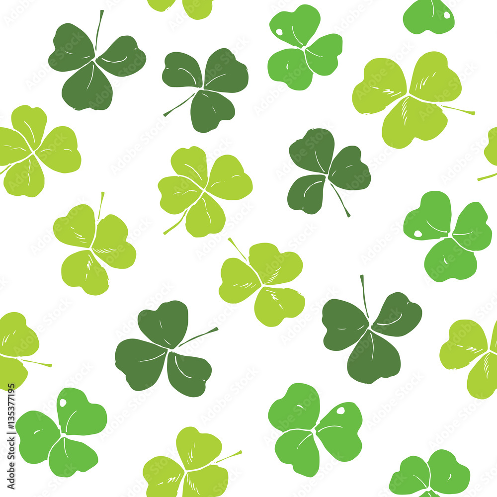 Clover leaf hand drawn doodle seamless pattern vector illustration. St Patricks Day symbol, Irish lucky shamrock background.